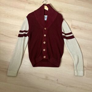 TOPMAN Men’s Small Cotton Burgundy & White Long Sleeve Cardigan Varsity Sweater